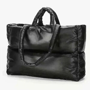Black puffer quilted travel tote